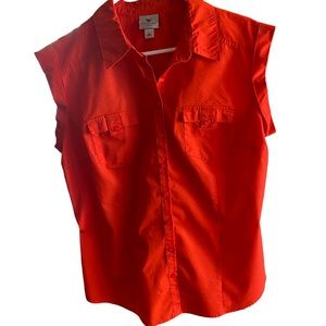 Worthington Women’s Sleeveless Button Up Blouse; Size L, Bright Orange